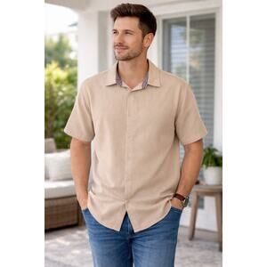Men’s Beige Short Sleeve Button Down Shirt Trim Collar Lightweight Casual XL